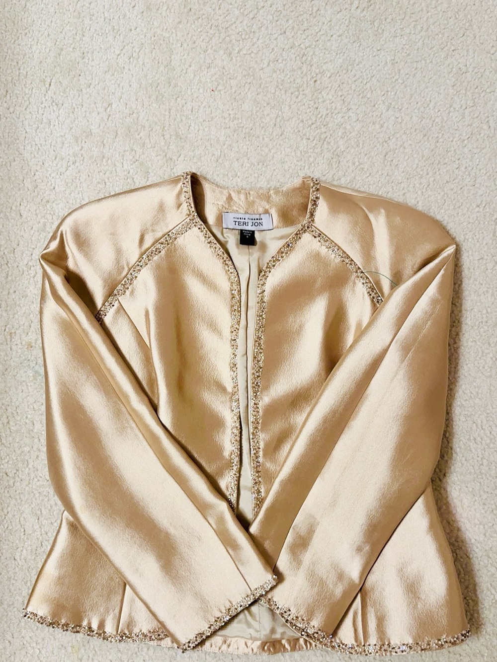 Teri Jon Champagne Satin Jacket with Decorative Trim